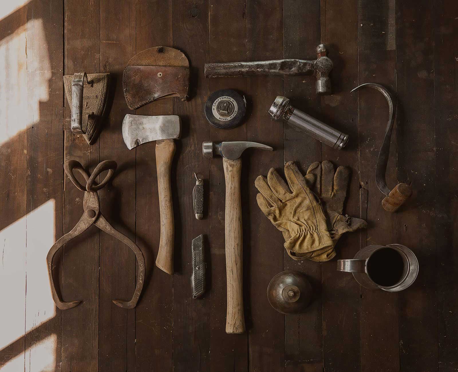 Woodworking tools on a workbench